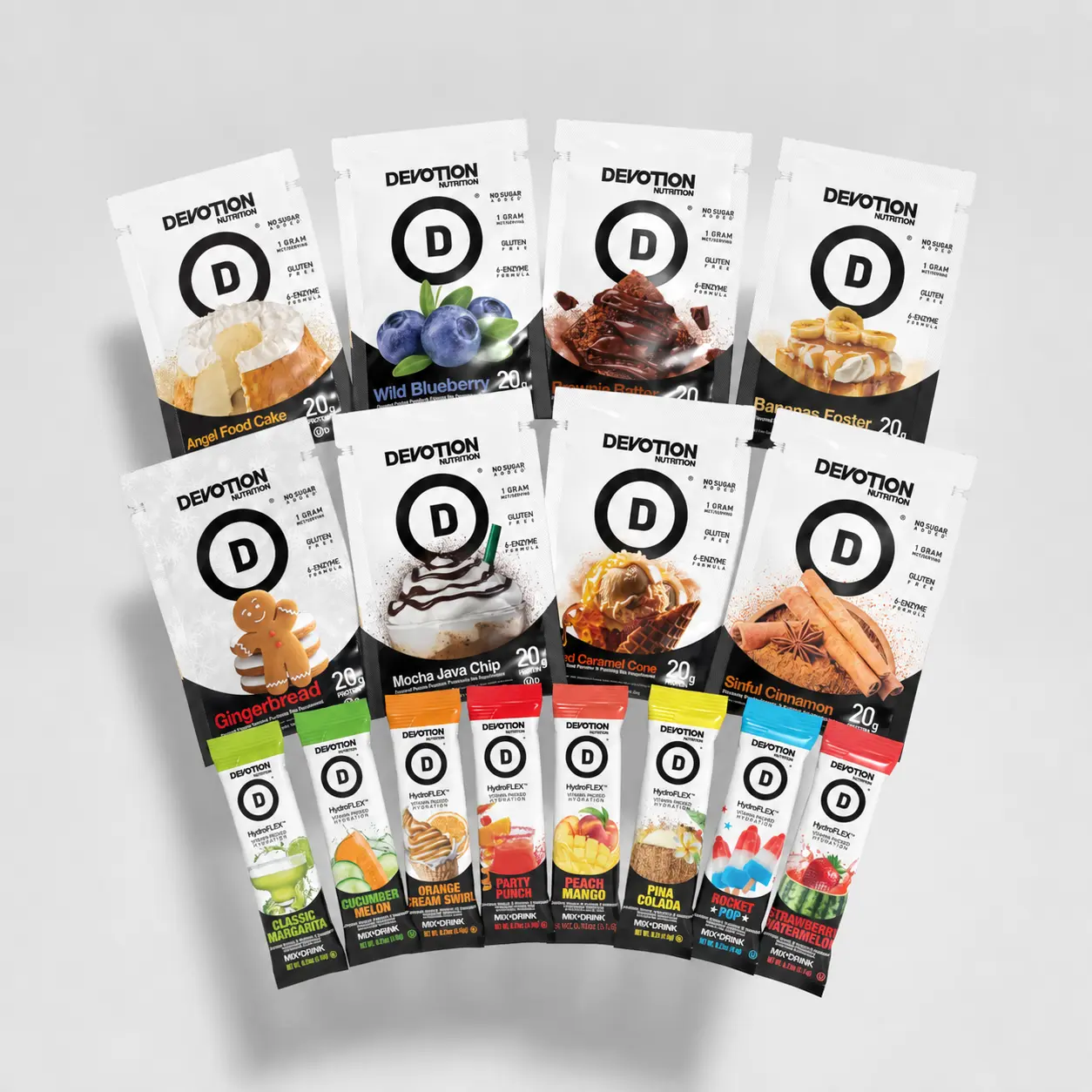 Devotion Nutrition - Totally Devoted Starter Pack, 8 Single-Serve Protein Powder Packets, 8 Hydroflex Hydration Stick Packs
