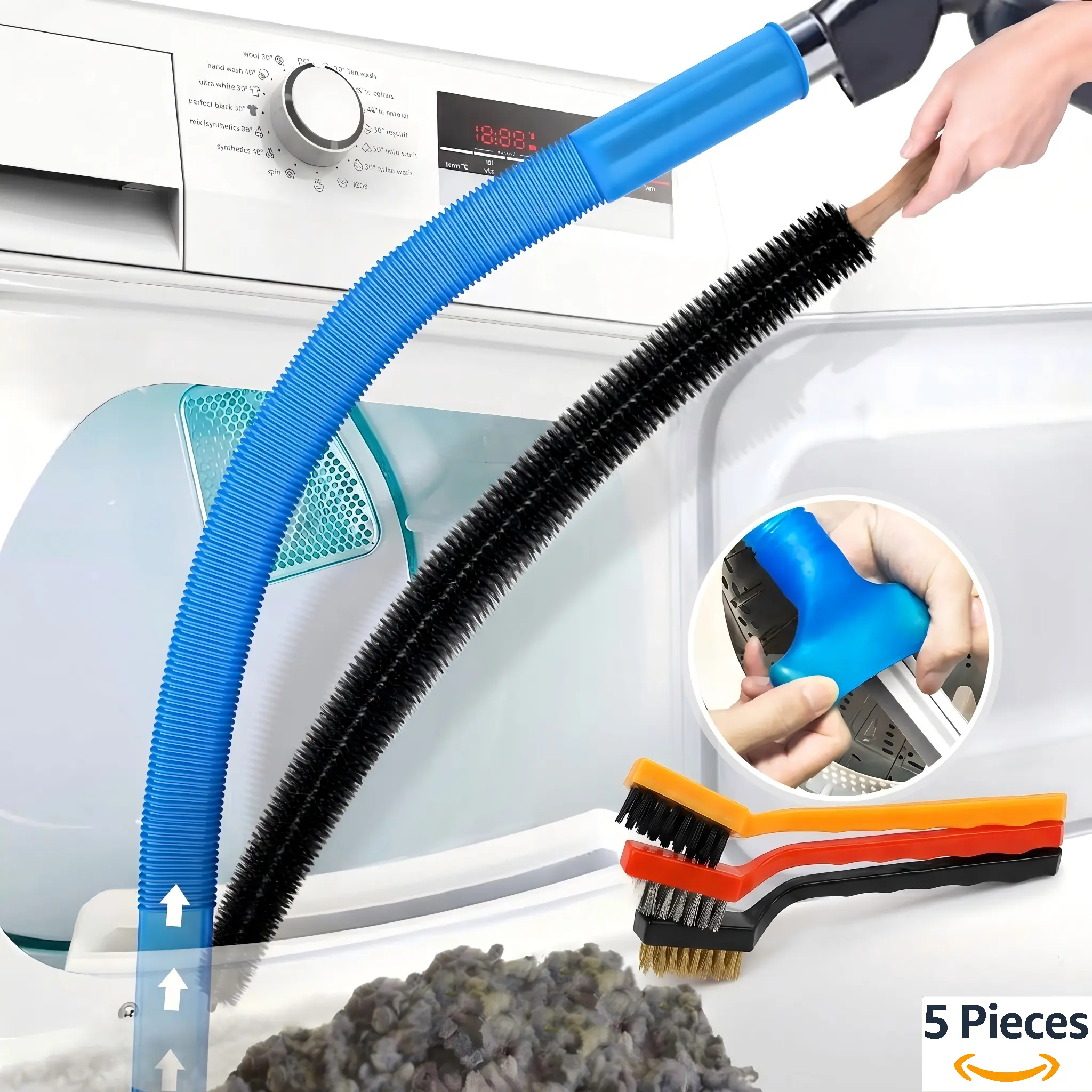 5 Pieces Dryer Vent Cleaner Kit Compatible with Most Vacuum Cleaner,3 Pcs Dryer Lint Brushes, Dryer Lint Brush and Vacuum Hose Attachment with Universal Connector, Quickly Lint Remover 3-in-1 stick UV-C Light Mattress sofa pet cleaning compress air duster