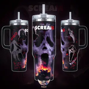 Scream VII Ghostface 40 oz Vacuum Insulated Tumbler with Handle Straw Horror Movie Mask Fire Graphic Design Keeps Drinks Hot/Cold 12H 18/8 Stainless Steel Travel Mug for Horror Fans & Slasher Movie Lovers Dark Aesthetic Merch Gift Drinkware