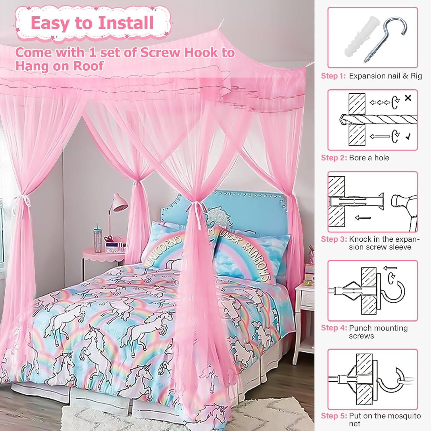 Twin Bed Canopy with Lights, Bed Canopy for Girls Princess with Luminous Stars, Canopy Bed Curtains for Twin Bed Kids Adult Indoor Decor Bedroom, 4 Corner Post Bed Canopy for Student Dormitory, Pink