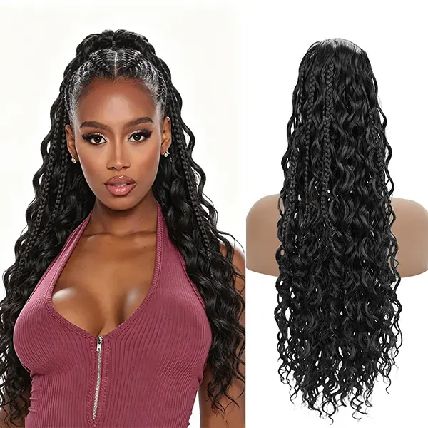 Women's Boho Braid Synthetic Extensions & Pieces - 22-Inch Box Braids Style Drawstring Ponytail Extension, Clip-and-Go Lightweight Hairpiece for Daily Use