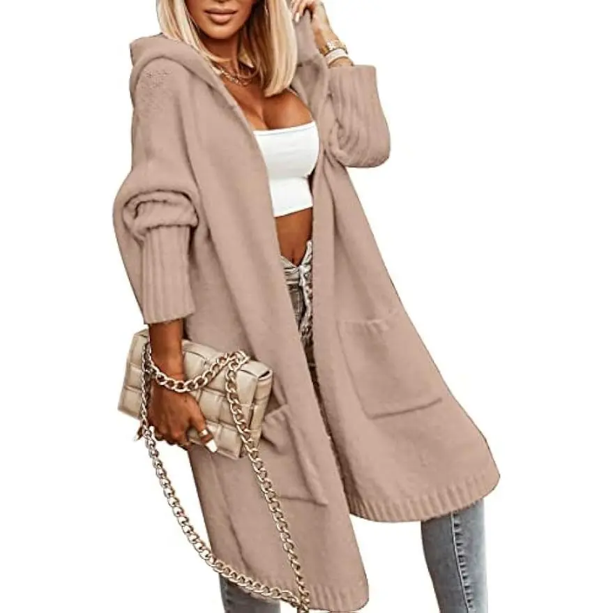 Imily Bela Womens Long Cardigans Cable Knitted Open Front Oversized Hooded Outerwear Sweater Coat