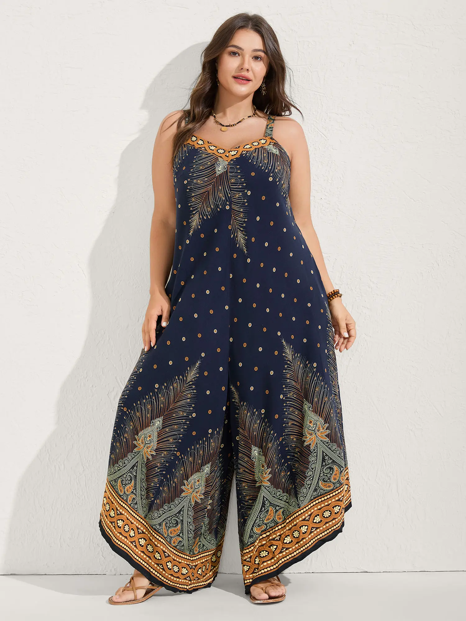 BloomChic Women's Plus Size Boho Print Rayon Jumpsuit - Sleeveless V-Neck Summer Garment with Elastic Waist, Pockets, Smooth Low-Iron No-Stretch Fabric, Cold Wash, Below the Ankle Curvy Overalls (Women's Clothes)