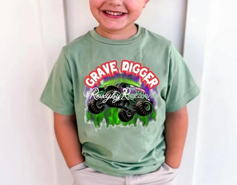 Grave digger shirt, monster jam tshirt, sparkle smash shirt, monster jam clothes, gift, Youth clothing Casual Graphic Apparel, Everyday Wear, Trendy Style, For son and daughter, matching family Outfit, Holiday Clothing