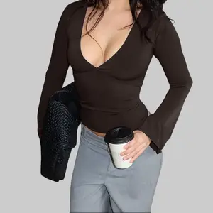 Women's 2025 Fall & Winter New Deep V Neck Long Sleeve Flare Cuff Crop Top Slim Fit Sexy Versatile Must-Have One Piece Casual Styling Outfit Tops