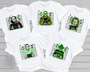 Horror St. Patrick’s Day Mugshot Sweatshirt/Hoodie/T-Shirt, Scary Movie Irish Shamrock Graphic Hoodie, Funny Irish Criminal Lineup Classic Tee for Men and For Women