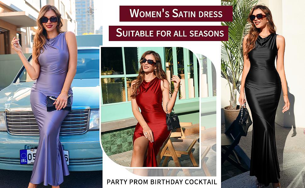 OYS Women's Satin Elegant Sleeveless High Neck Tie Cocktail Party Maxi Dress Fabric Formal OYS Women's Satin Elegant Sleeveless High Neck Tie Cocktail Party Maxi Dress Fabric Formal