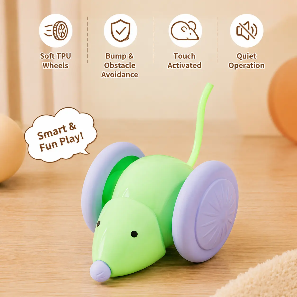 Mouse Shape Moving Interactive Cat Toy - 1 Count, Intelligent Obstacle Avoidance, Soft TPU Low Noise Wheels, Enlarged Wheel Design, Touch Activated, Quiet Operation, Kitty Interactive Toys for Indoor Cats' Daily Play, Interactive Play, All Seasons