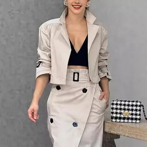 2025 Women's Set, lapel patchwork, long-sleeved top and skirt, Two-piece set with belt