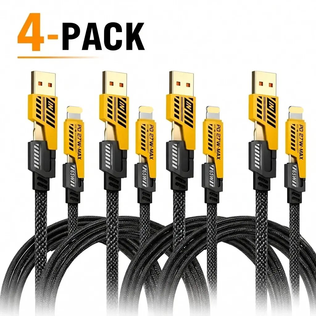 4-Pack 4-in-1 Multi Charging Cable with Lightning Connector, 47.2in PD 65W Fast Charging Flat Nylon Braided Cord, USB-A/Type-C Ports for iPhone 17/16/15, MacBook, Tablets, Mobile Samsung Android Devices, Charger Compatible