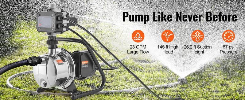 VEVOR Shallow Well Pump with Automatic Controller, TikTokShopBlackFriday, 1HP 115V, 1200 GPH 164 ft Head, Max 87 psi, Portable Stainless Steel Sprinkler Booster Jet Pumps for Garden Lawn Irrigation system, Water Transfer VEVOR Shallow Well Pump with Automatic Controller, TikTokShopBlackFriday, 1HP 115V, 1200 GPH 164 ft Head, Max 87 psi, Portable Stainless Steel Sprinkler Booster Jet Pumps for Garden Lawn Irrigation system, Water Transfer