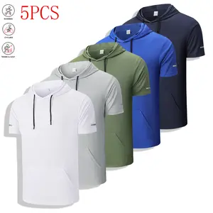 Men’s sports hooded T-shirt, 5 pcs, with kangaroo pocket, solid color/breathable quick-dry fabric, suitable for running, workouts, indoor fitness, men’s short-sleeve T-shirt
