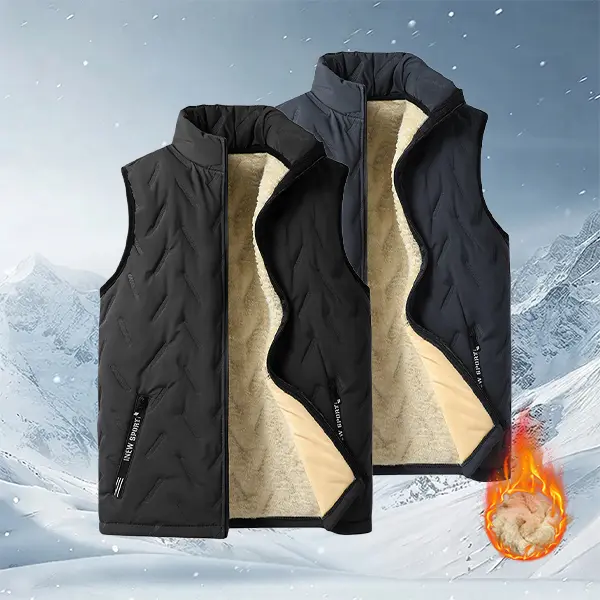Men’s Winter Thick Fleece Stand-Collar Casual Zipper Waistcoat - Minimalist Top with Stitched Seams, Windproof Sleeveless Fabric Vest for Daily Commuting, Outdoor Fishing
