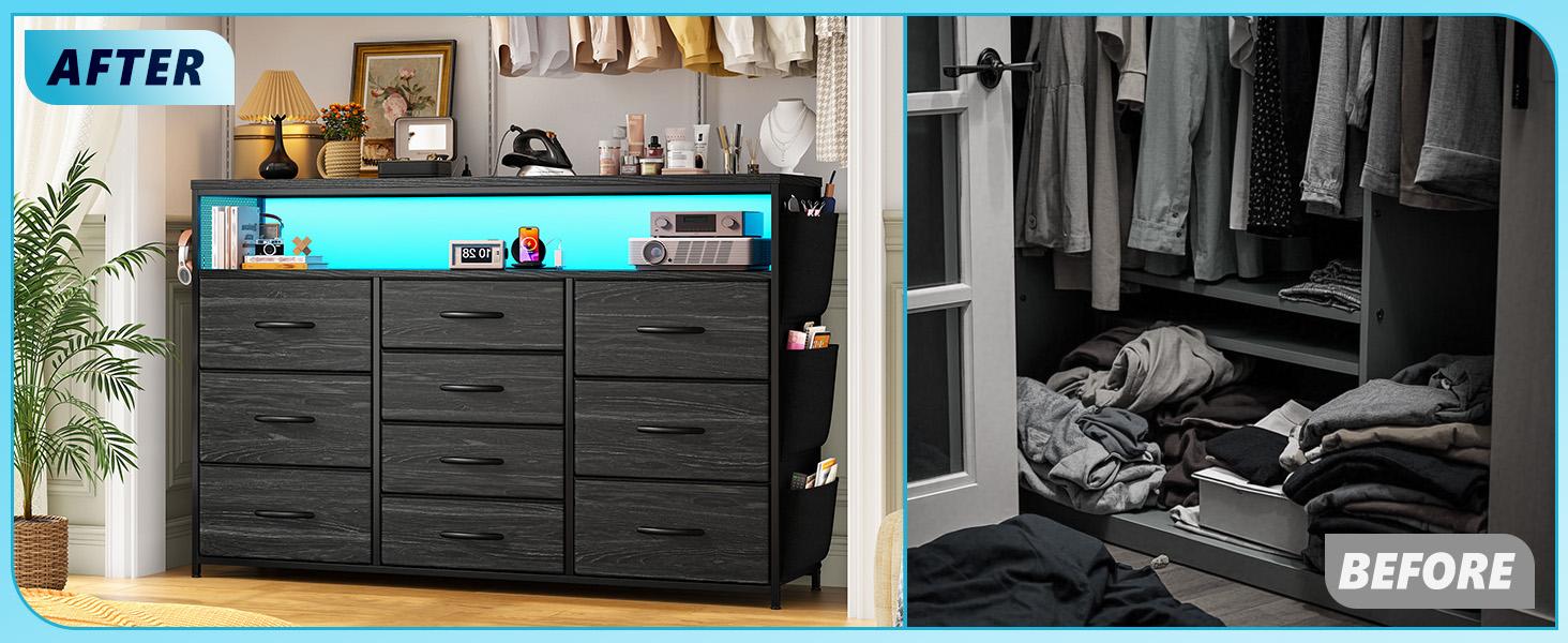 Raybee 10 Drawer Dresser for Bedroom with Wood Open Shelves, 55" TV Stand Dresser for Bedroom with Power Outlets and LED Lights, Fabric Dressers & Chest of Drawers with Side Pocket, Ideal for Living Room, Closet Raybee 10 Drawer Dresser for Bedroom with Wood Open Shelves, 55" TV Stand Dresser for Bedroom with Power Outlets and LED Lights, Fabric Dressers & Chest of Drawers with Side Pocket, Ideal for Living Room, Closet