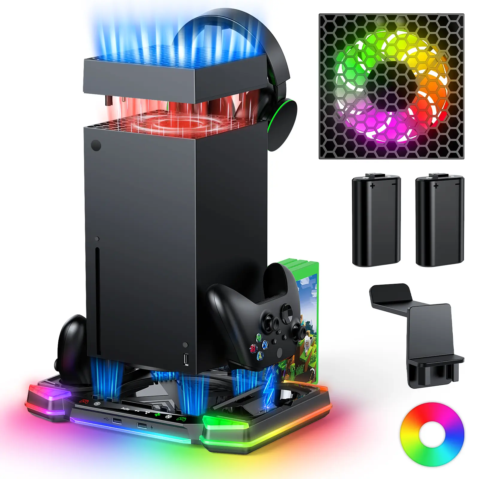 Top Auto Cooling Fan & Charge Stand for Xbox Series X Console with 11 Light Modes, Accessories Controller Wireless Charger Dock, 2 * 1400mAh Rechargeable Batteries, Headset Stand & Game Disc Storage box controller xbox controller Smartphone Wearable