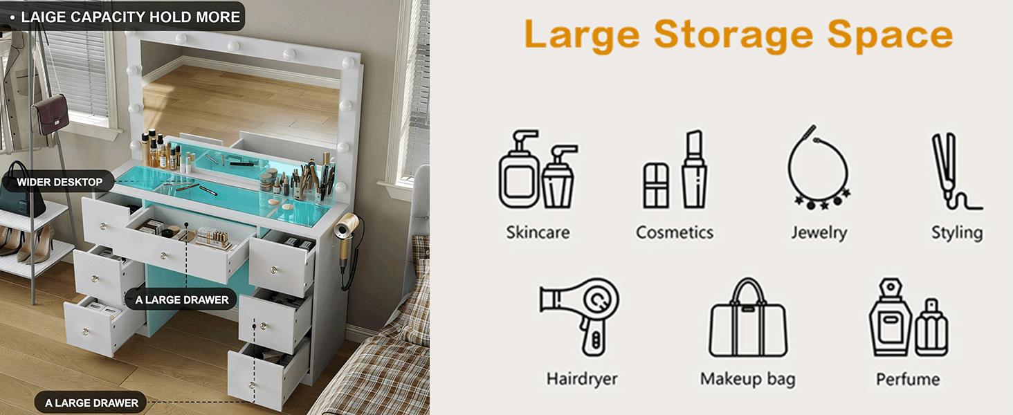 CollaredEagle Dressing Table with Power Socket, 11 Adjustable Lights, Mirror, 7 Drawers, 11 Compartments, Padded Stool for Bedroom, Walk-in Closet, White Vanity Desk Furniture