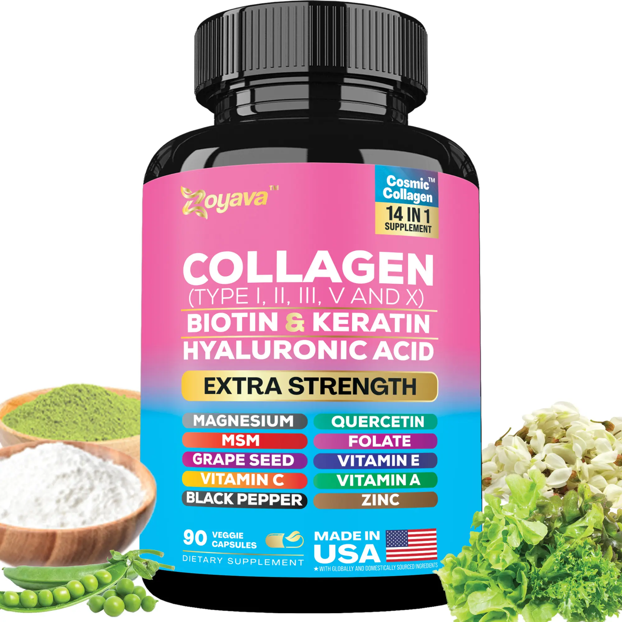 Zoyava Collagen Supplement - Type I, II, III, V and X - with Biotin, Keratin, Hyaluronic Acid & 13+ Extra Strength Ingredients for Beauty, Fitness, & Healthcare - 90 Capsules - MADE IN USA