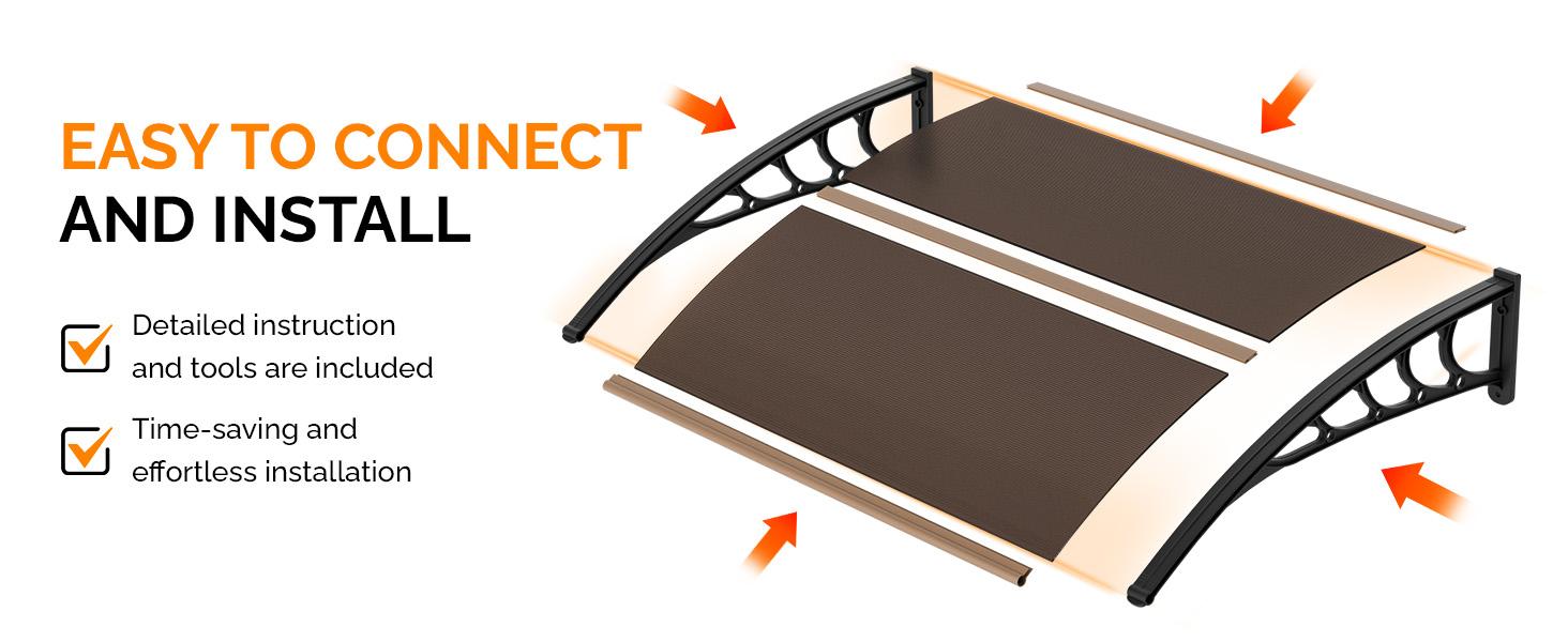 VINGLI Window Awning Door Canopy Exterior, Awnings for Doors Polycarbonate Cover Patio Door Awning Rain Snow Sunlight Protection Hollow Sheet (Brown Board & Black Bracket)