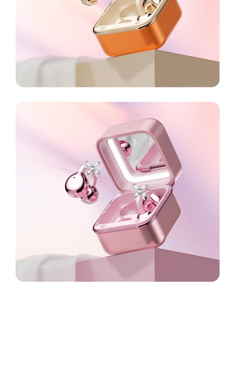 CHENRUIDA Open Ear Bluetooth Earbuds with Bow Ear Jewelry, Makeup Mirror Jewelry Case, Wireless Ear Clip Headphones, Perfect for Workouts, Office, Travel and Fashion Lifestyle