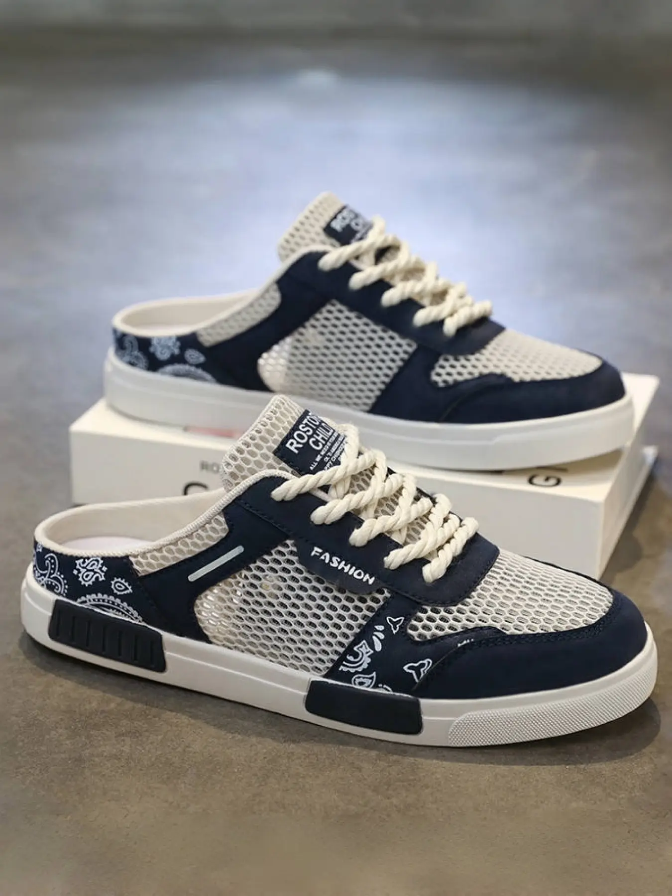 1 Pair Men's Large Size Mesh Half-Slip Board Shoes, Breathable Mesh Mules, Breathable Mesh + Anti-Collision Toe Cap, Rubber Anti-Slip Outsole, Heelless Lazy Shoes, Summer Outdoor Slippers, Footwear