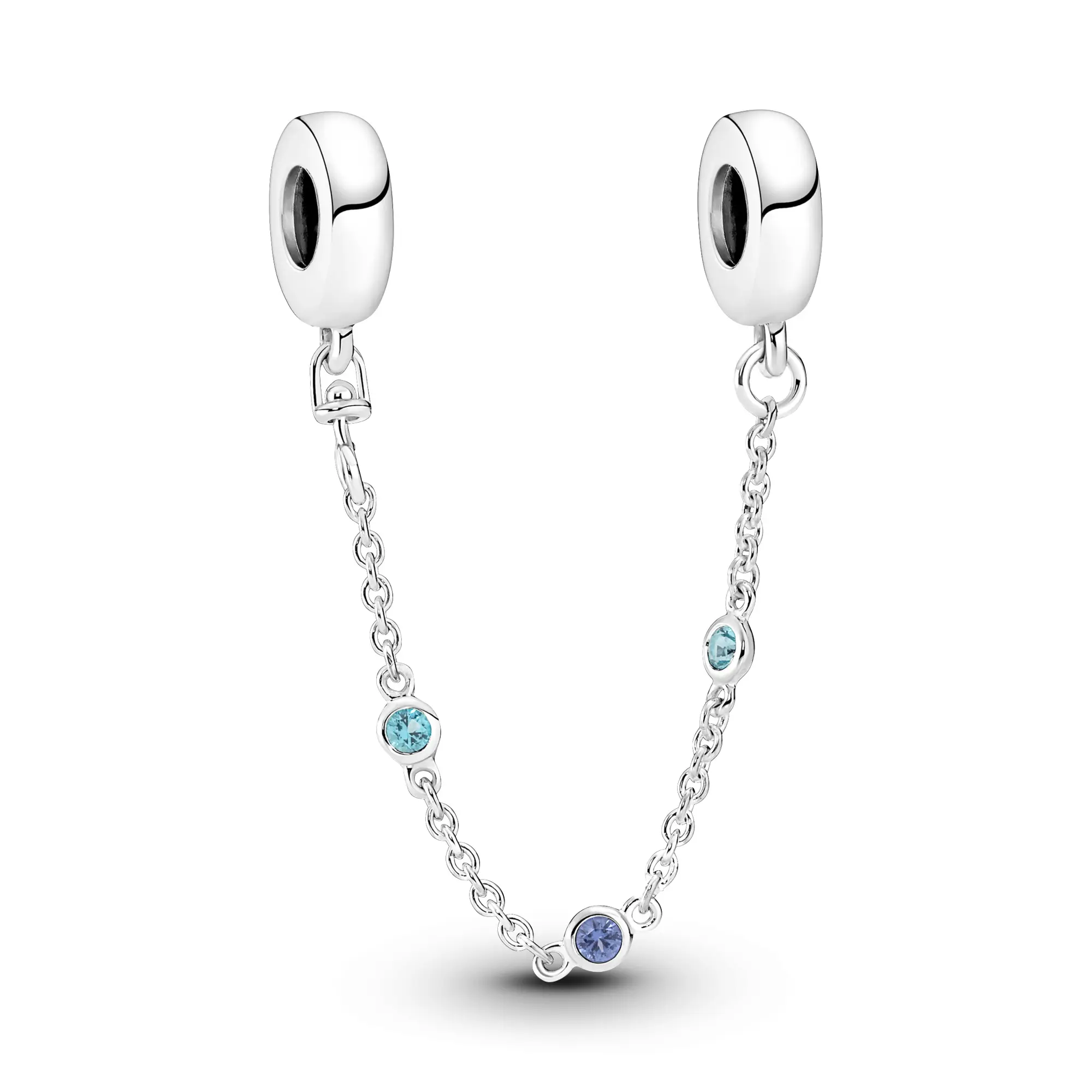 Pandora Triple Blue Stone Safety Chain 791688C01-05, Ocean-Inspired Man-Made Crystals Design, Threads Inside for Moments Bracelet Styling