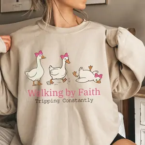 Walking By Faith Tripping Constantly Goose Crewneck Sweatshirt, Funny Goose Hoodie, Religious Christian Mom Life, Jesus Lover Tee, Trendy Faith-Based Apparel, Women's Grace, Bible Verse Gift, Vintage Graphic Streetwear T-shirt
