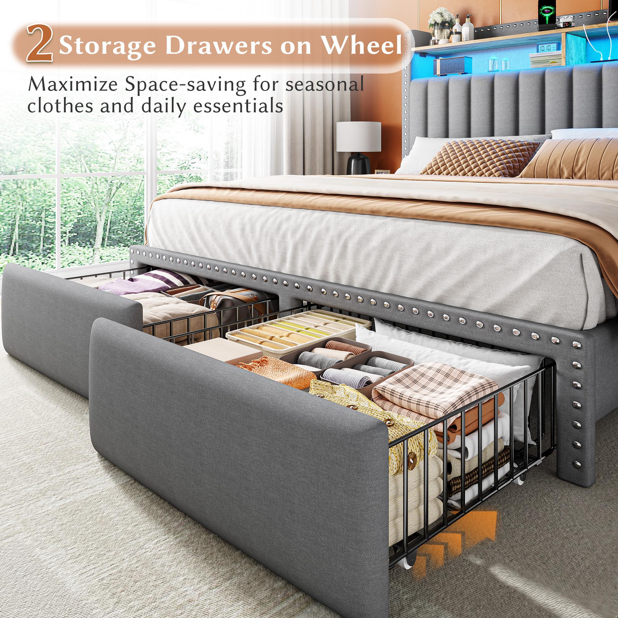 Luxury Bed Frame for Queen with 2 Storage Drawers & Shelves, MATTRESS NOT INCLUDED, Bed frame with LED &Charging Station, Queen, King, Full Size, Upholstered Platform Bed Frame with Headboard, Noise-Free