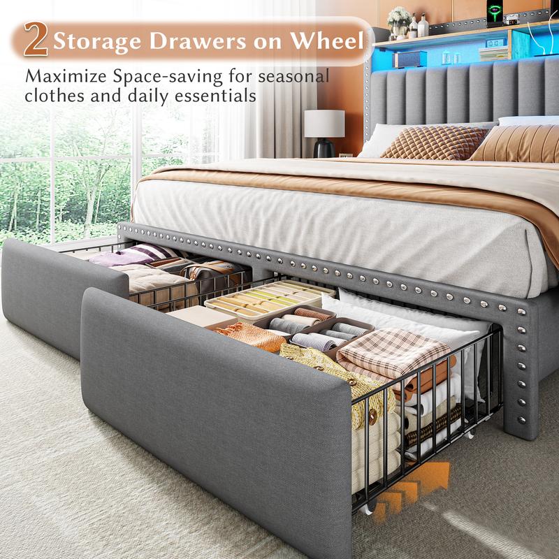 Luxury Bed Frame for Queen with 2 Storage Drawers & Shelves, MATTRESS NOT INCLUDED, Bed frame with LED &Charging Station, Queen, King, Full Size, Upholstered Platform Bed Frame with Headboard, Noise-Free