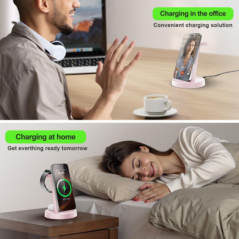 Premium Wireless Charger Stand with Case-On Charging & Sleep-Friendly Mode for iPhone, Samsung, Apple Watch & AirPods — Includes Power Adapter