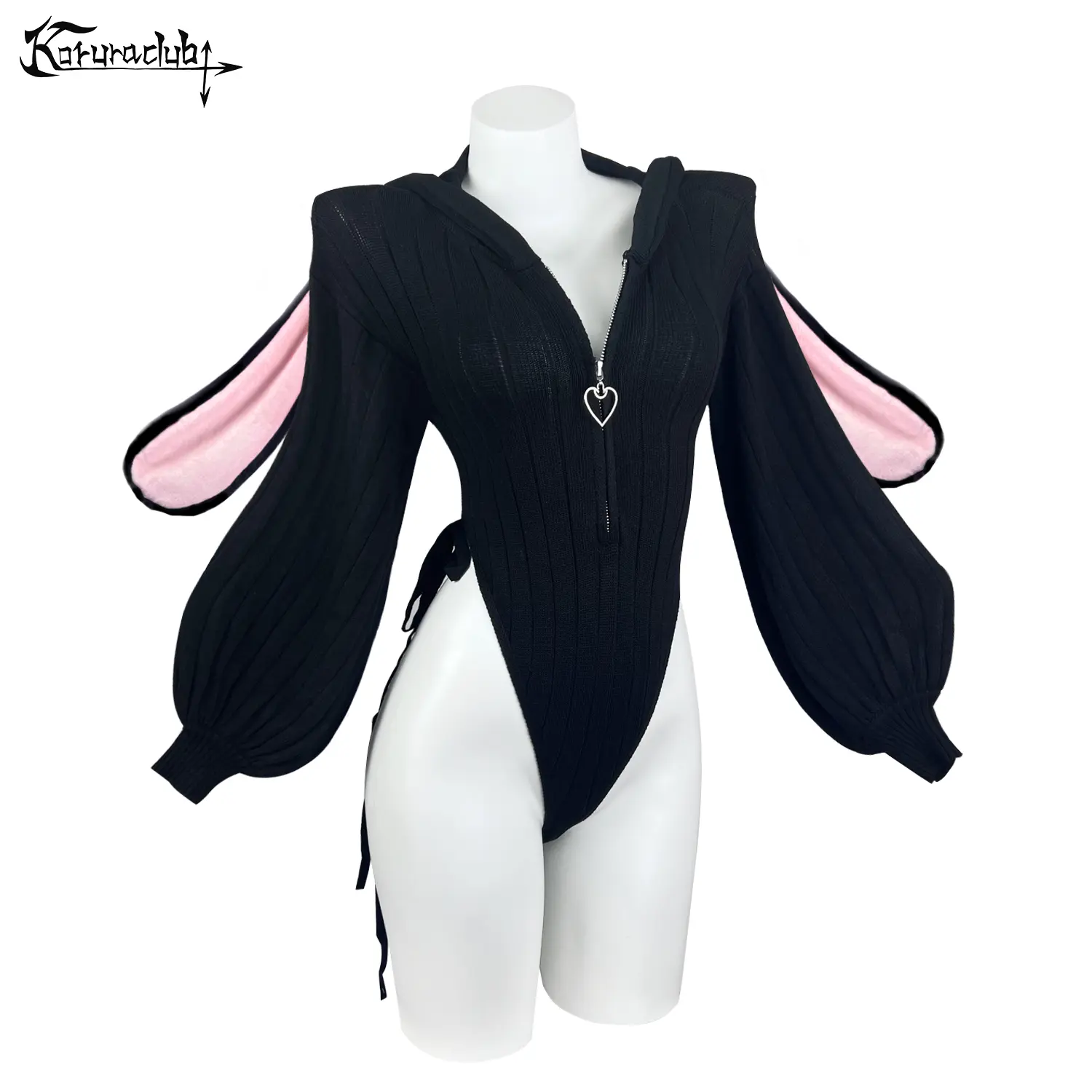 KORURACLUB Cute Bunny Knit Jumpsuit with Fuzzy Rabbit Ears, Soft Cozy Women’s Cosplay Outfit