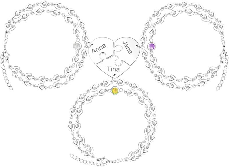 Uloveido Personalized 3 Pieces BFF Heart Puzzle Bracelets with 3 Gift Boxes – Custom Name Stainless Steel Matching Friendship Bracelets for 3 Best Friends