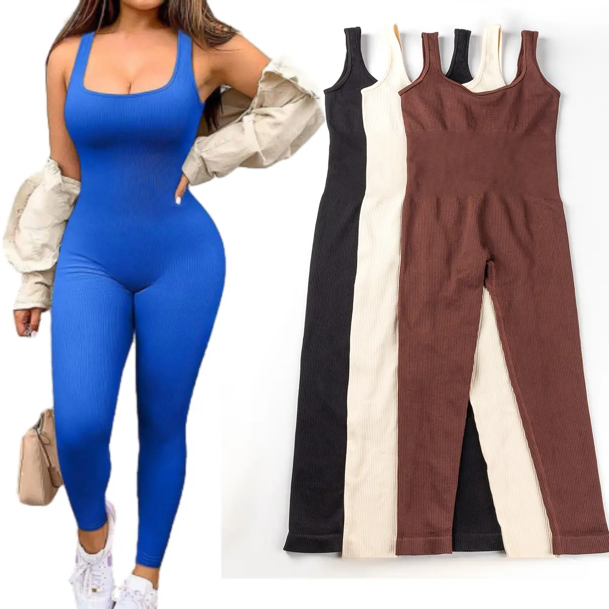 Women's Autumn Winter Thick Thickness Sleeveless Square Collar Long Solid Knit Overalls - 90% Nylon+10% Spandex, Comfortable, Impermeable, Washable, Reusable, High Stretch, Suitable for Fitness, Pilates, Black Jumpsuit