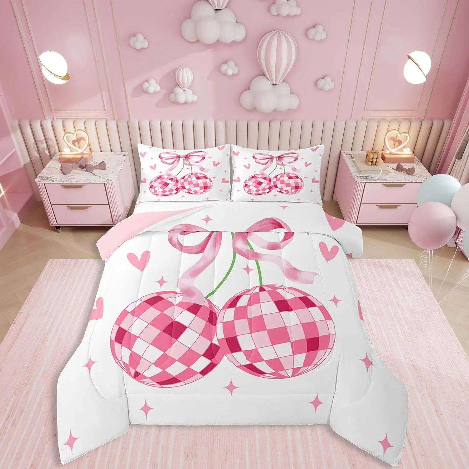 Feelyou Girls' Cartoon Microfibre Kawaii Bedding Set - Soft Polyester Duvet Quilt, Western Disco Ball/Heart/Star Prints, Breathable Fill, Multi-Size, Machine Washable, Travel-Friendly (Queen Size Option)