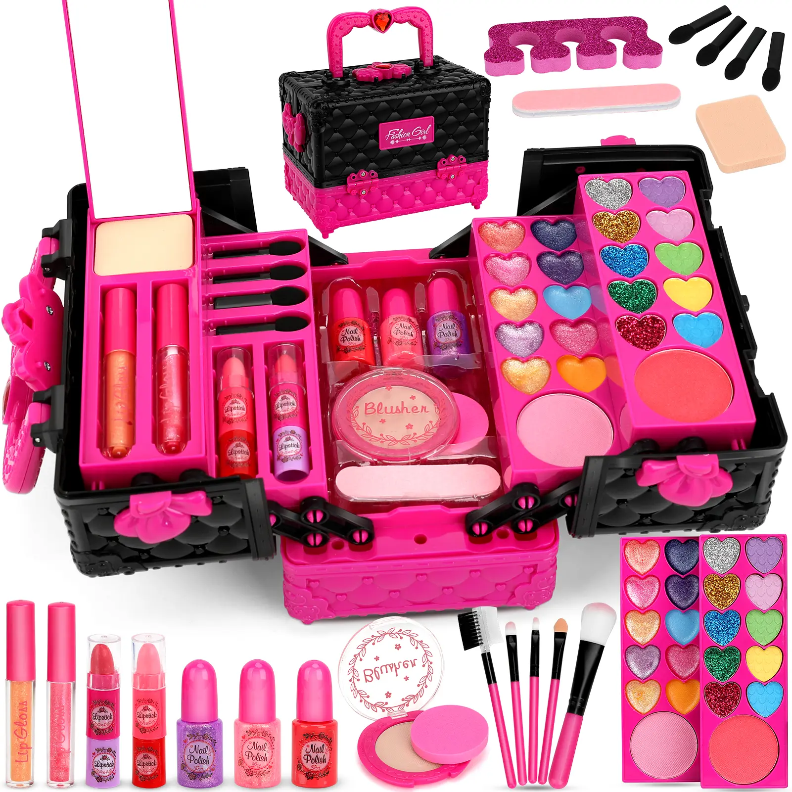 45-pcs Cosmetic Makeup Kit Non Irritating 、 washable toy cosmetics set perfect for girls. Includes princess role-play and beauty role-play toys, making it the perfect gift for birthday parties and Christmas for girls ages 3 to 12.（Girls Makeup Toy Kit）