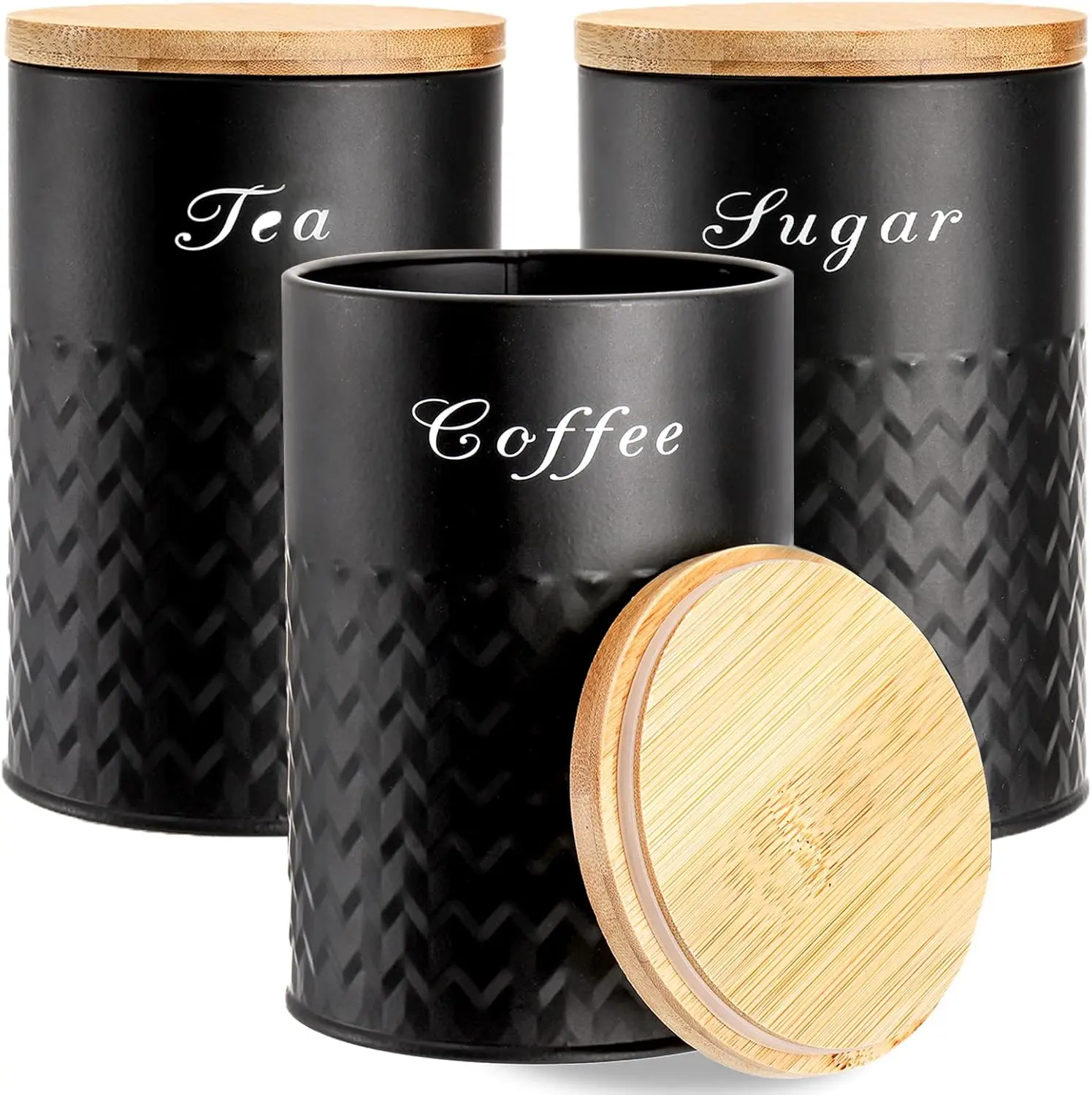 3-Pack Airtight Kitchen Canister Set with Bamboo Lids – Metal Food Storage Containers for Coffee, Sugar, Tea & Flour | Rustic Farmhouse Kitchen Counter Decor (Black)