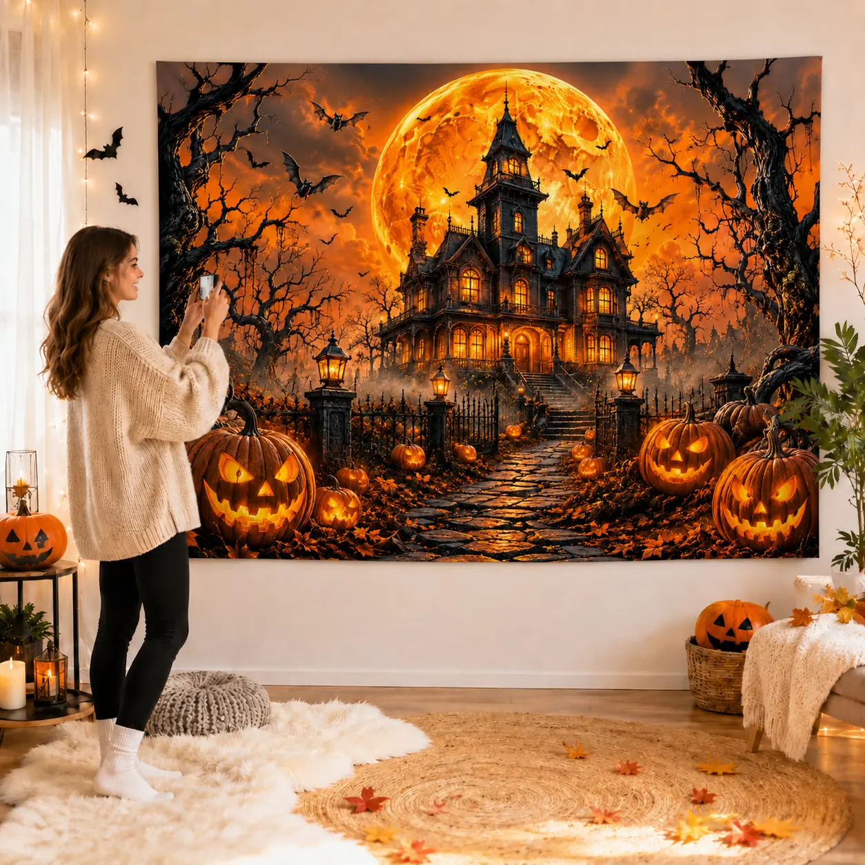 Gothic Castle Halloween Print Tapestry - Synthetic Artificial Pumpkin Moon Mansion Backdrop, Rich Color Gothic Aesthetic Room Decor, Display for Photo Booths Fall Party