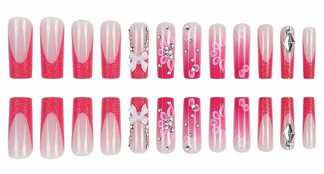 24 pcs Press on Nails - Long Square Glue on Nails with Hot Pink, Acrylic Bling Glitter Rhinestone Design