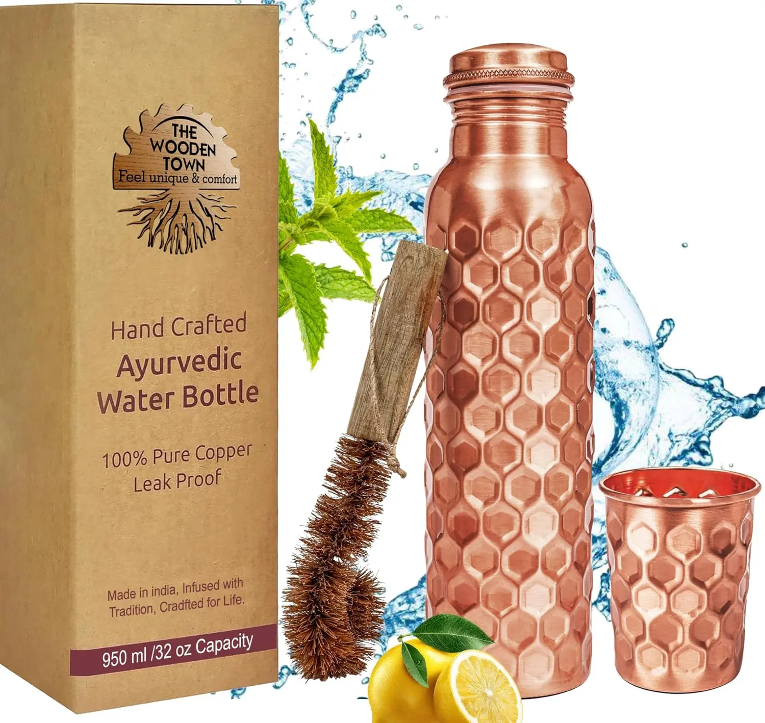 Pure Copper Water Bottle 32 Oz Diamond with Glass & Brush Leakproof | 100% Pure Copper Construction – Crafted from pure copper for durable everyday hydration.