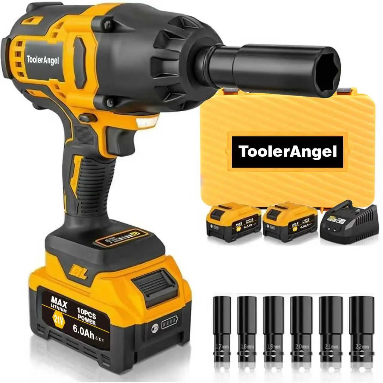 ToolerAngel 1/2-Inch Cordless Impact Wrench, 1000 Nm (737 ft-lbs) High-Torque Wrench, 20V 2000 RPM Brushless Motor, 2x 6.0Ah Lithium-Ion Batteries, Charger & 6 Sockets, Brushless Power Wrench, Mechanic Tool, Automotive Maintenance Tools, Work Tools
