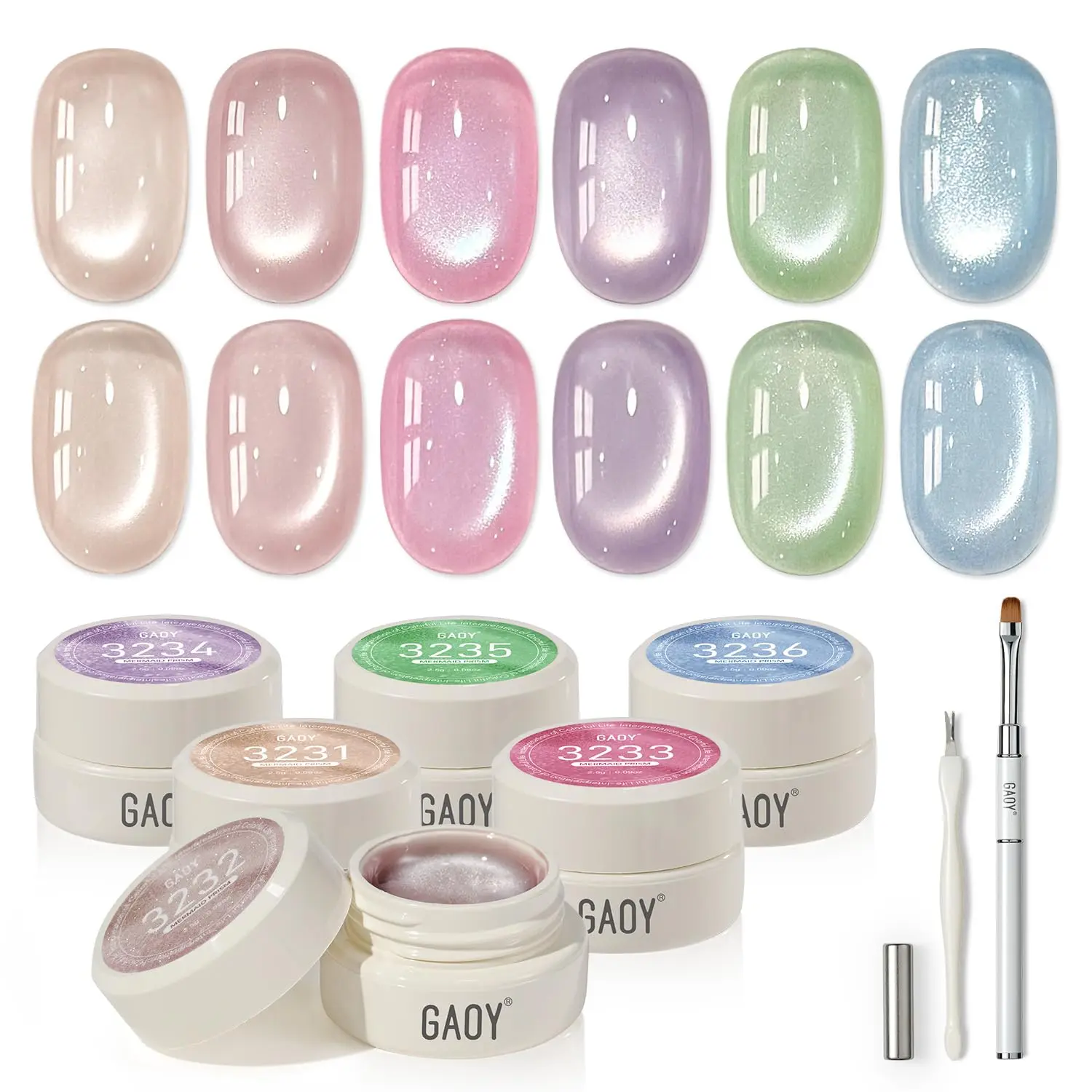 GAOY Sheer Silk Cat Eye Gel Nail Polish Set with Magnet, Mermaid Prism | 6 Colors, Jelly Pink Blue Green Holographic, for Salon Manicure & Nail Art DIY at Home