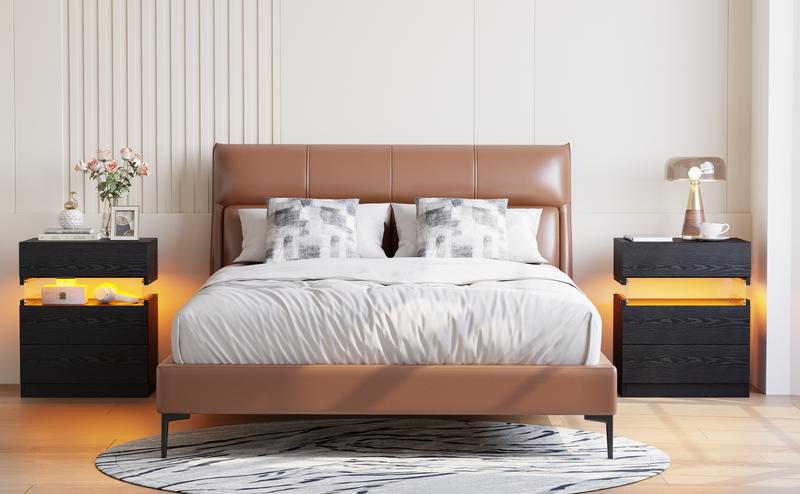 IRONCK Night Stand with LED Light and Drawers, Modern Bedside Table with Storage, End Table for Bedroom