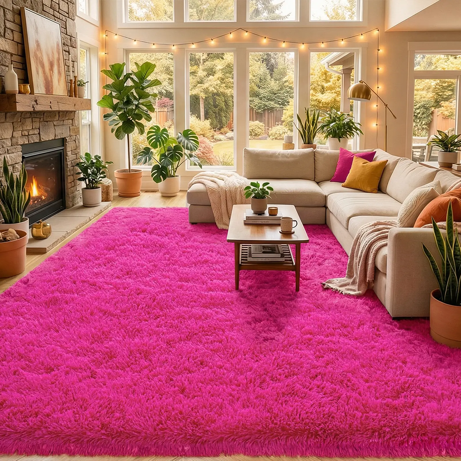 Living Room Rugs Bedroom Rugs, Ultra-Soft Plush Fluffy Shaggy Area Rug, Washable Non-Slip Soft Carpet with 4 Free Rug Grippers, for Kids Room Nursery Dorm Playroom Pet Friendly Modern Home Decor, Multiple Sizes 4x6 5x7 6x9 8x10 9x12 10x14, Hot Pink Rug