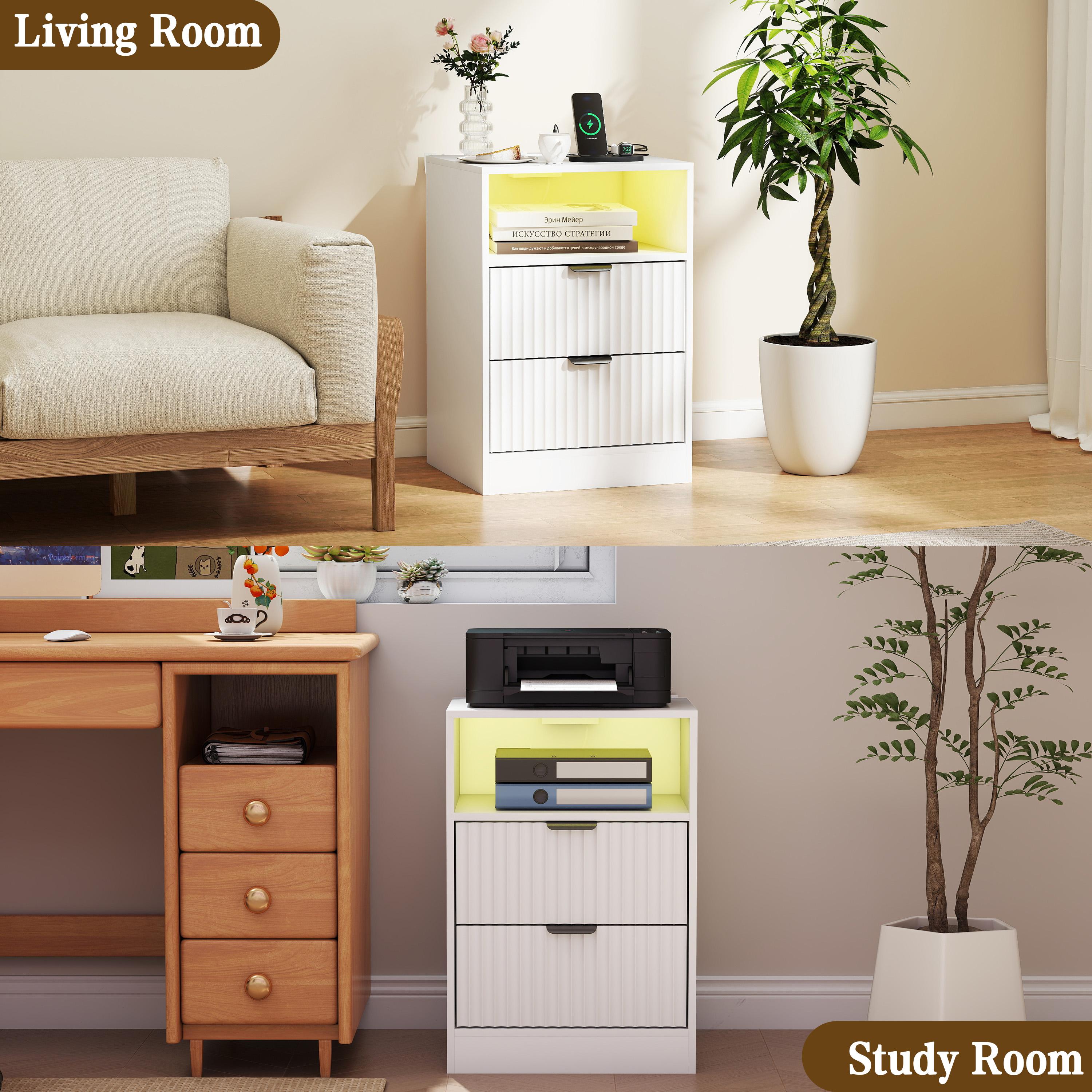 Night Stand Set 2, LED Nightstand with Charging Station,Wood Side Table,Fluted NightStands with 2 Drawers, End & Bedside Tables for Bedroom Sofa Office,Natural Oak