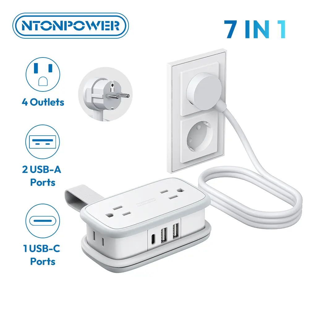 NTONPOWER European Travel Plug Adapter, Type E F Plug Adapter, Italy Travel Adapter with 4 Outlets 3 USB(1USB C) Ports, 4FT Wrapped Around Cord for Travel Spain Iceland Europe Travel Essentials tiktokshopspringglowup backtoschool