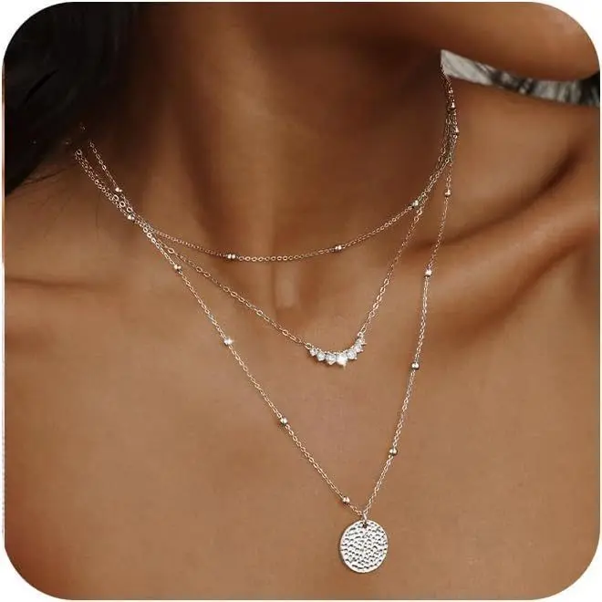 Silver zircon leaf disc three-layer neck