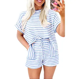 EncoLax 2 Piece Lounge Set Women Stripe Knit Short Sleeve Tee Shirts Shorts Casual Summer Loungewear Shorts Sets