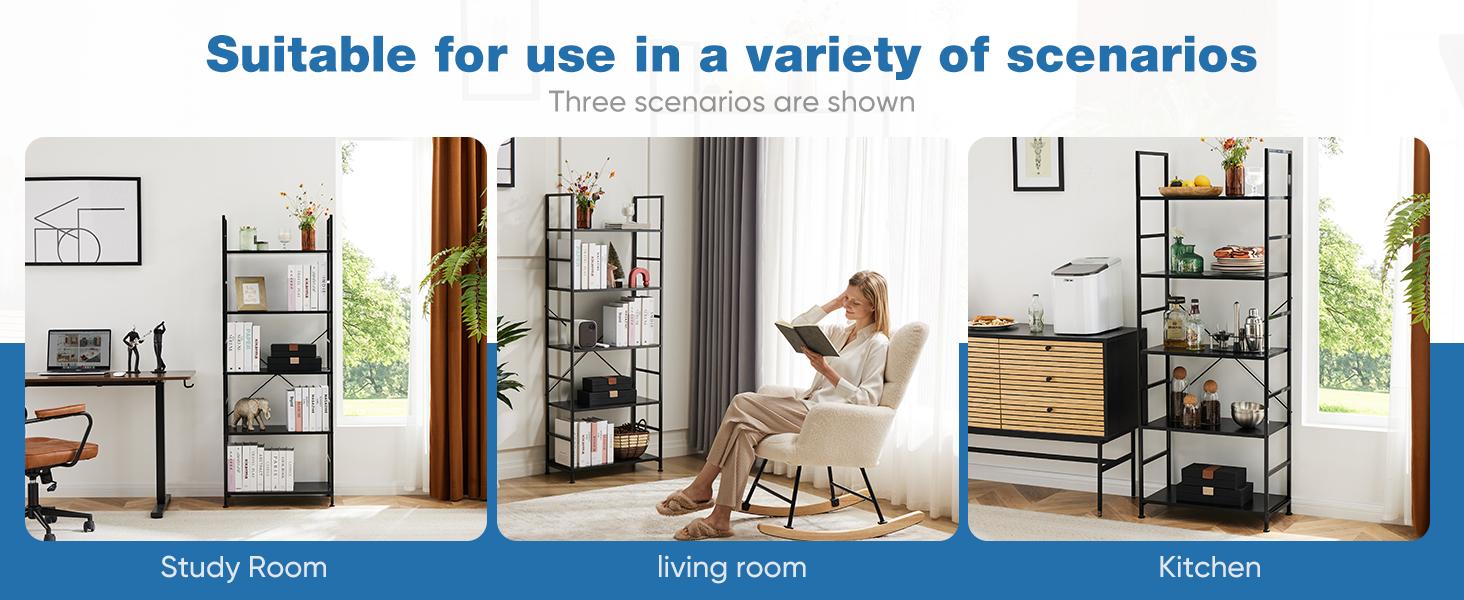 Storage Rack, 5 Tier Bookcase, Vintage Storage Rack with Open Shelves in Living Room/Home/Office, Metal Frame Display Rack Books Holder Organizer