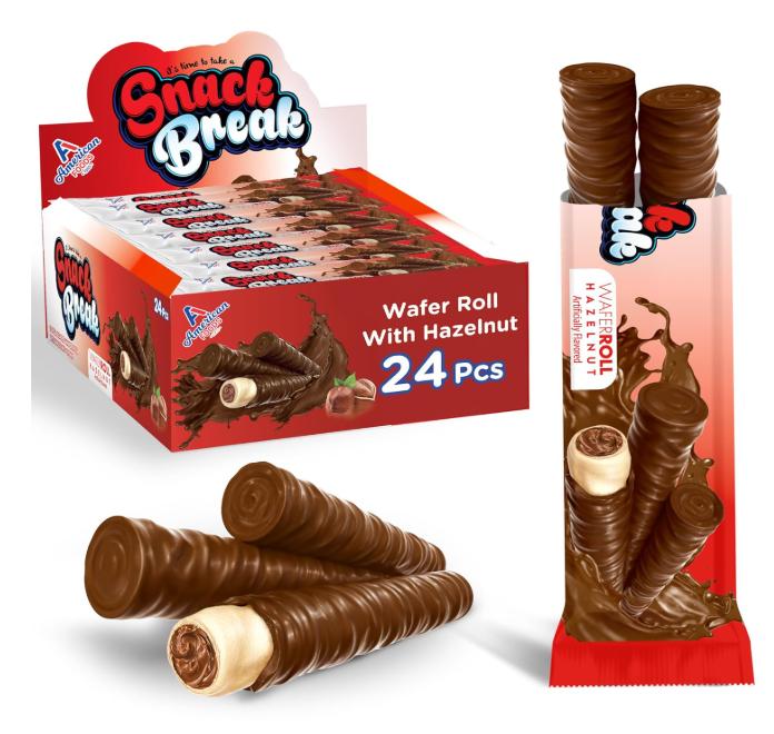 Snack Break Hazelnut Wafer Rolls, Rolled Wafer Cookies, Cocoa Coated Delicious Snack, Individually Wrapped, Crunchy Sticks for On-the-Go, Coffee, Tea, 24 Count (Pack of 1)