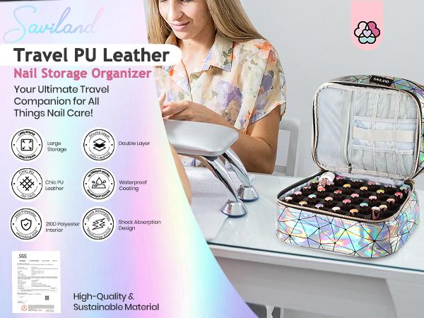 SAVILAND Nail Polish Organizer Bag: PU Leather Nail Storage Case Holds 30 Bottles & Nail Lamp, Holographic Nail Supply Organizer for Nail Polish Tools Nail Tech