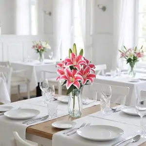 GAOMON Faux Lily Flowers with Vase, 6 Heads Full Bloom Lily & 3 Buds, Long Stem Artificial Stargazer Lilies, Faux Tiger Bouquets in Glass Vase for Home Hotel Flower Arrangement Party Decor, Rose Red